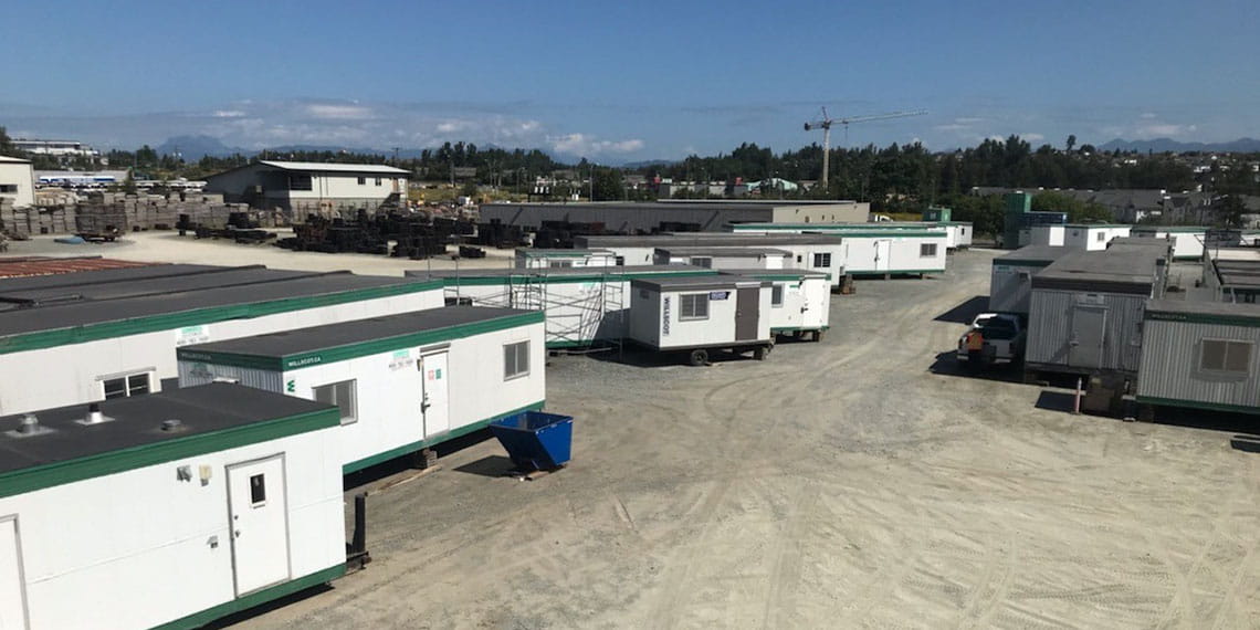 aerial view of mobile office trailers in the lot at WillScot Vancouver